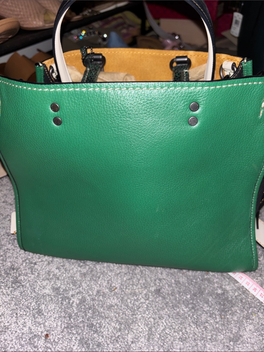 Coach Rogue Green Leather Satchel with Cream Trim and snakeskin handles. - Picture 3 of 11